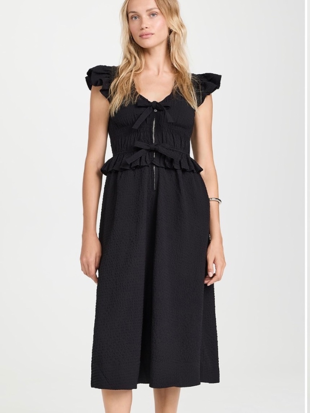 Sea New York Regina Seersucker Flutter Sleeve Dress in Black Size XS